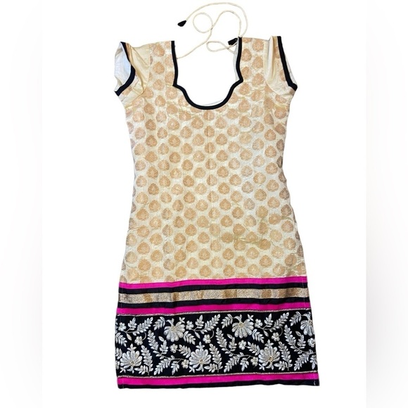 Beautiful Cream Gold Kurta With Pink Black Gold Embroidery at Bottom - Picture 13 of 15